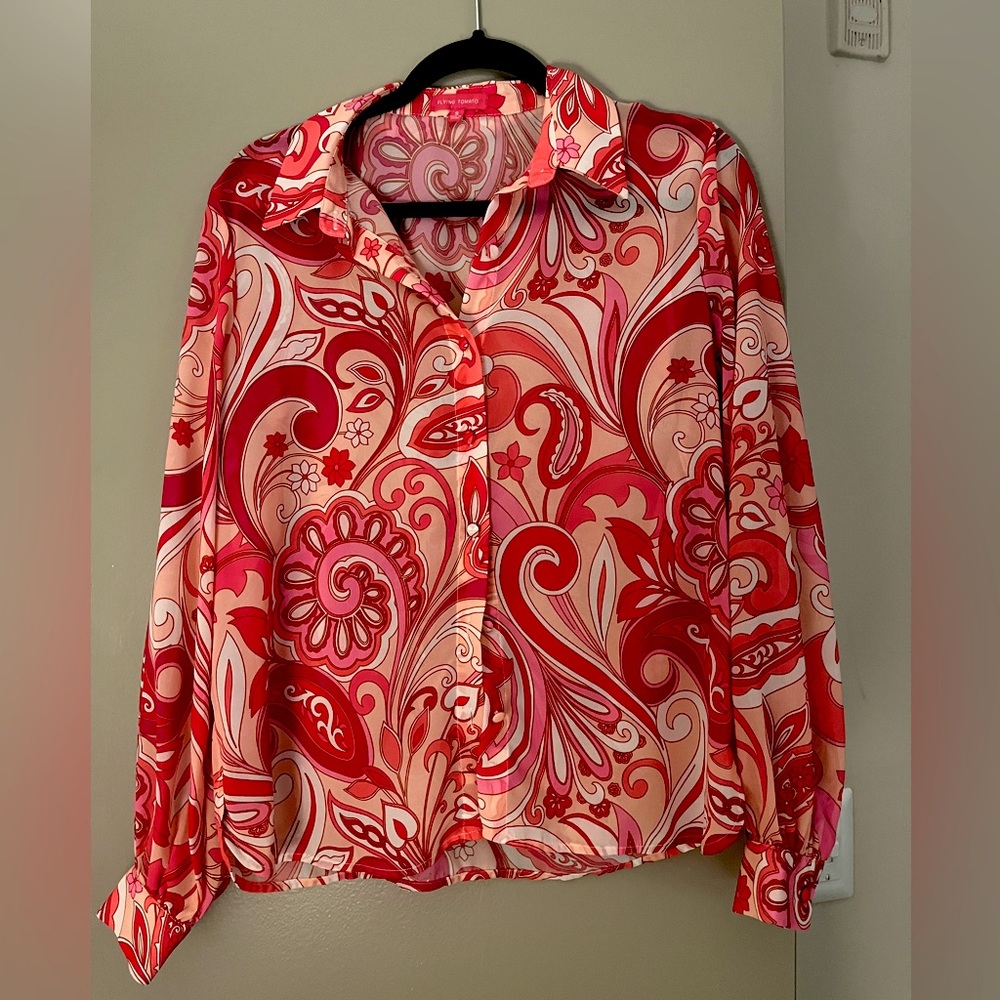 Flying Tomato Groovy Printed Button Down Blouse